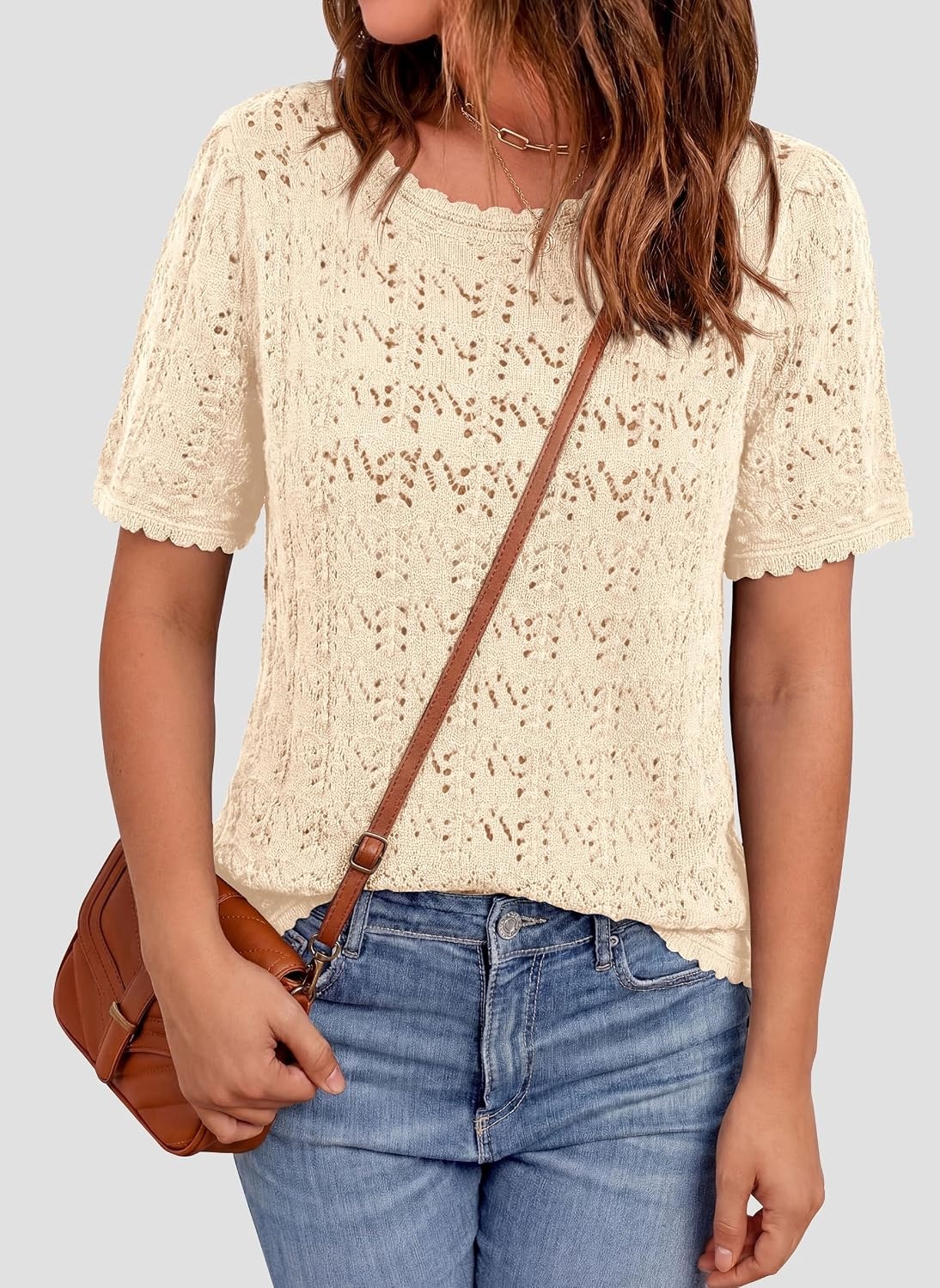 image:imagePRETTYGARDEN Womens Summer Short Sleeve Tops Lightweight Crochet Sweaters Crewneck Hollow Out Knit Cute Tops Loose Fit Business Casual Tops Beach Vacation Fall Outfits 2026Beige