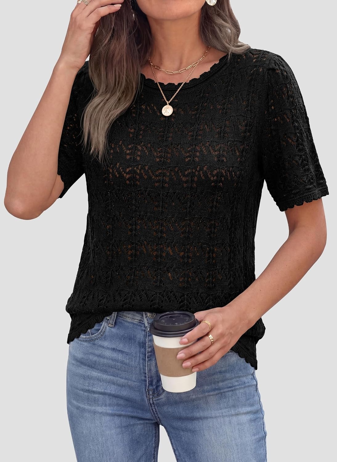 image:imagePRETTYGARDEN Womens Summer Short Sleeve Tops Lightweight Crochet Sweaters Crewneck Hollow Out Knit Cute Tops Loose Fit Business Casual Tops Beach Vacation Fall Outfits 2026Black