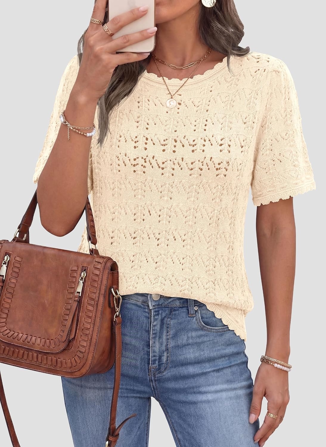 image:imagePRETTYGARDEN Womens Summer Short Sleeve Tops Lightweight Crochet Sweaters Crewneck Hollow Out Knit Cute Tops Loose Fit Business Casual Tops Beach Vacation Fall Outfits 2026Beige