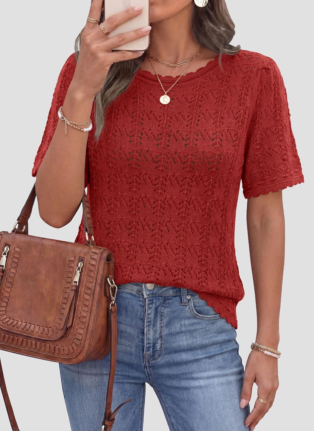 image:imagePRETTYGARDEN Womens Summer Short Sleeve Tops Lightweight Crochet Sweaters Crewneck Hollow Out Knit Cute Tops Loose Fit Business Casual Tops Beach Vacation Fall Outfits 2026Red