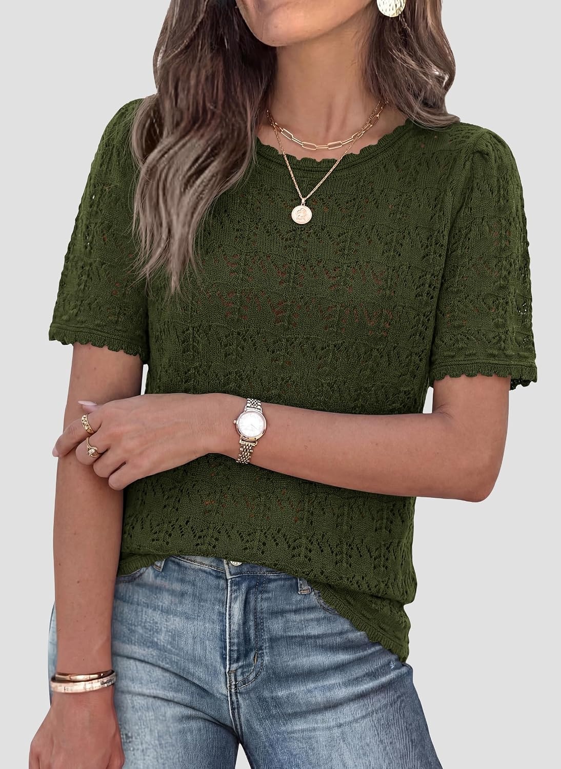 image:imagePRETTYGARDEN Womens Summer Short Sleeve Tops Lightweight Crochet Sweaters Crewneck Hollow Out Knit Cute Tops Loose Fit Business Casual Tops Beach Vacation Fall Outfits 2026Army Green