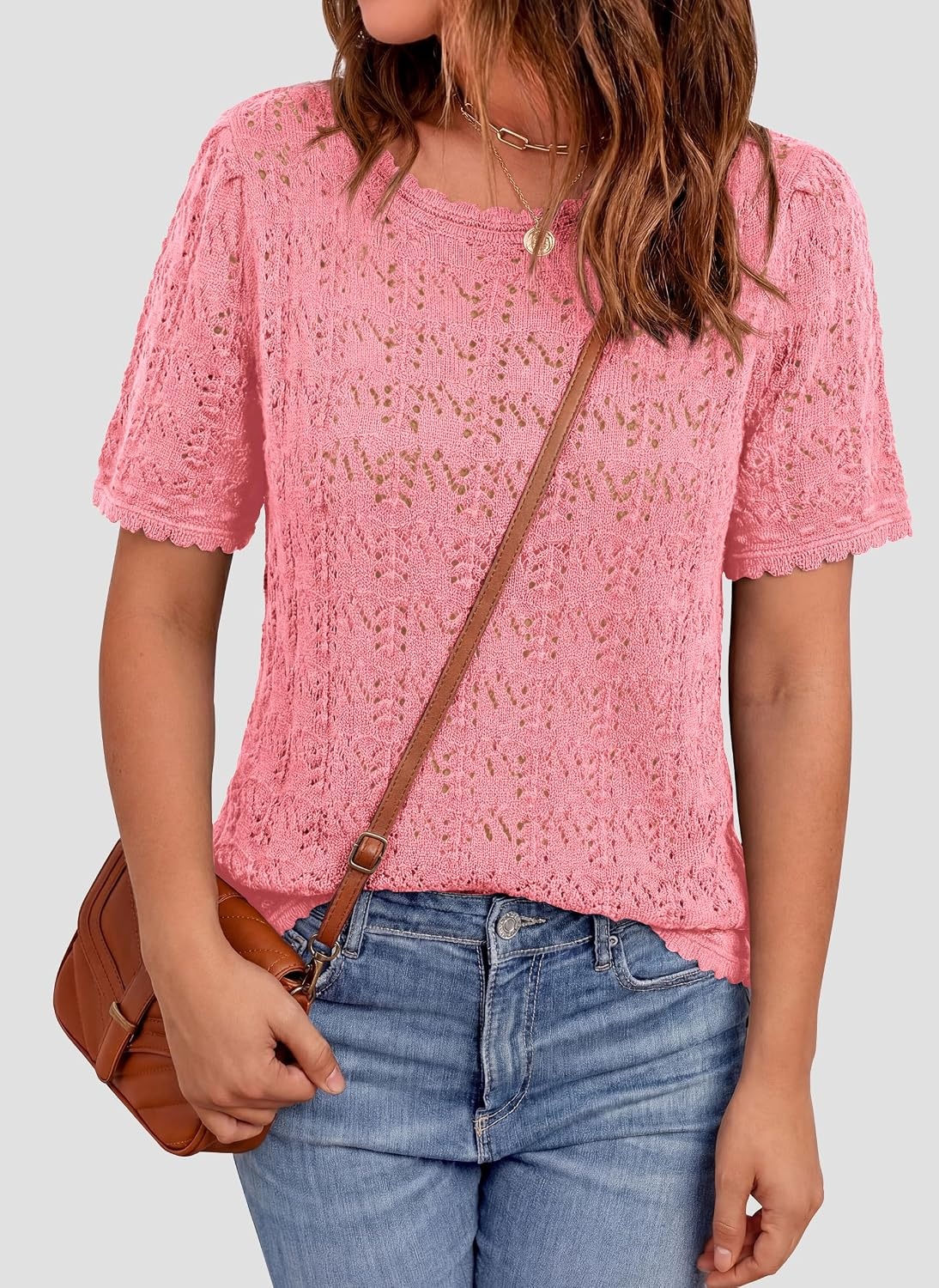image:imagePRETTYGARDEN Womens Summer Short Sleeve Tops Lightweight Crochet Sweaters Crewneck Hollow Out Knit Cute Tops Loose Fit Business Casual Tops Beach Vacation Fall Outfits 2026Pink