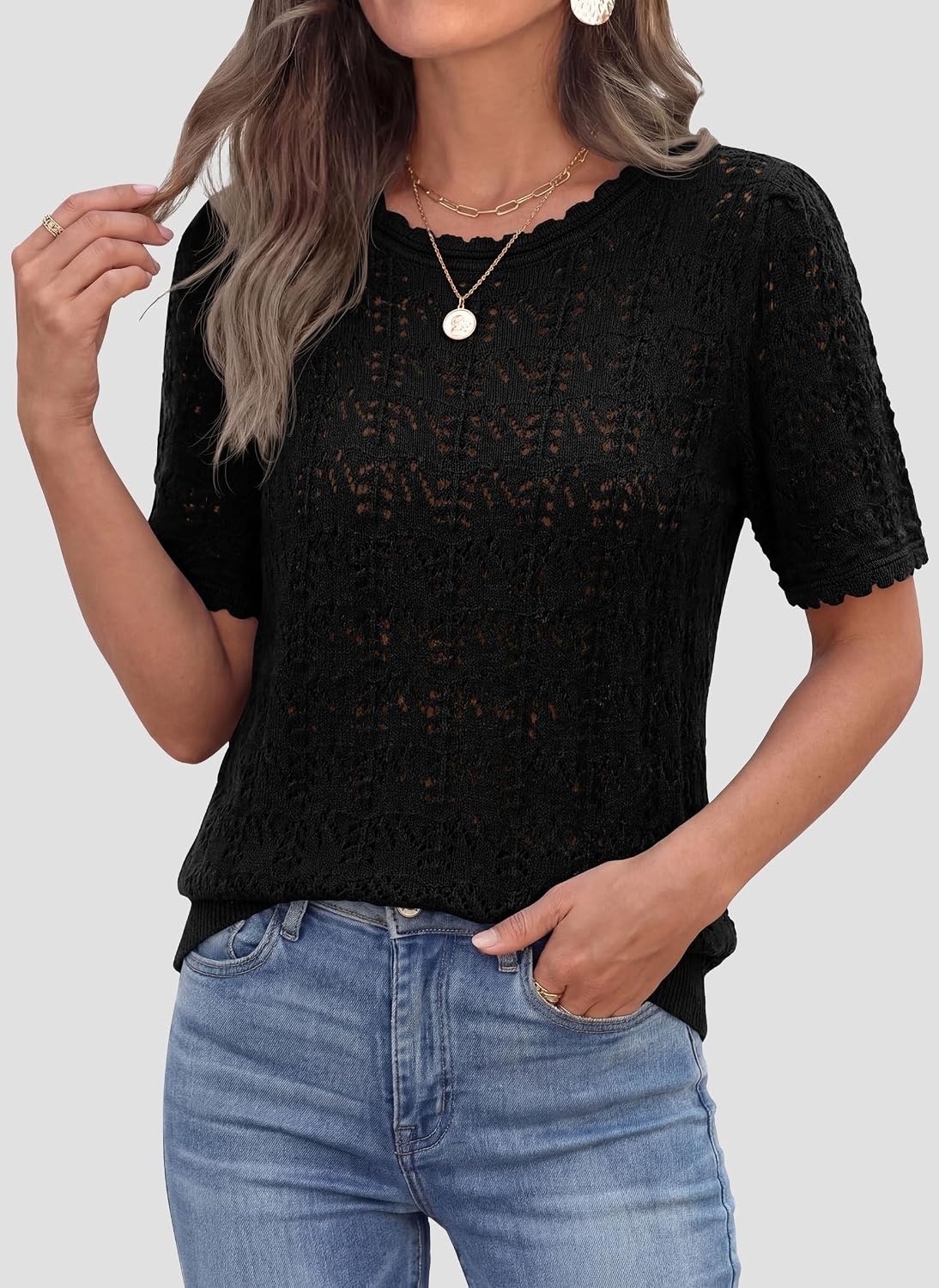 image:imagePRETTYGARDEN Womens Summer Short Sleeve Tops Lightweight Crochet Sweaters Crewneck Hollow Out Knit Cute Tops Loose Fit Business Casual Tops Beach Vacation Fall Outfits 2026Black