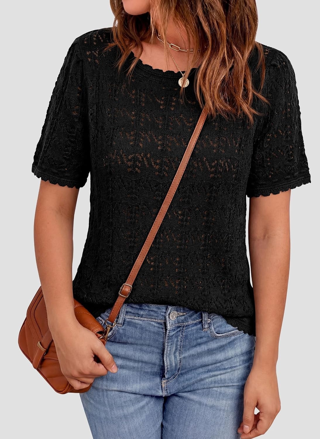 image:imagePRETTYGARDEN Womens Summer Short Sleeve Tops Lightweight Crochet Sweaters Crewneck Hollow Out Knit Cute Tops Loose Fit Business Casual Tops Beach Vacation Fall Outfits 2026Black