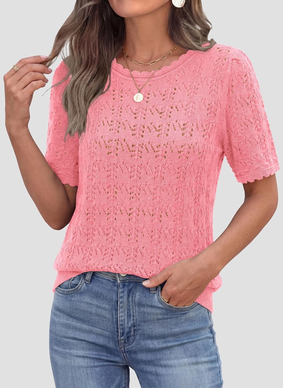 image:imagePRETTYGARDEN Womens Summer Short Sleeve Tops Lightweight Crochet Sweaters Crewneck Hollow Out Knit Cute Tops Loose Fit Business Casual Tops Beach Vacation Fall Outfits 2026Pink