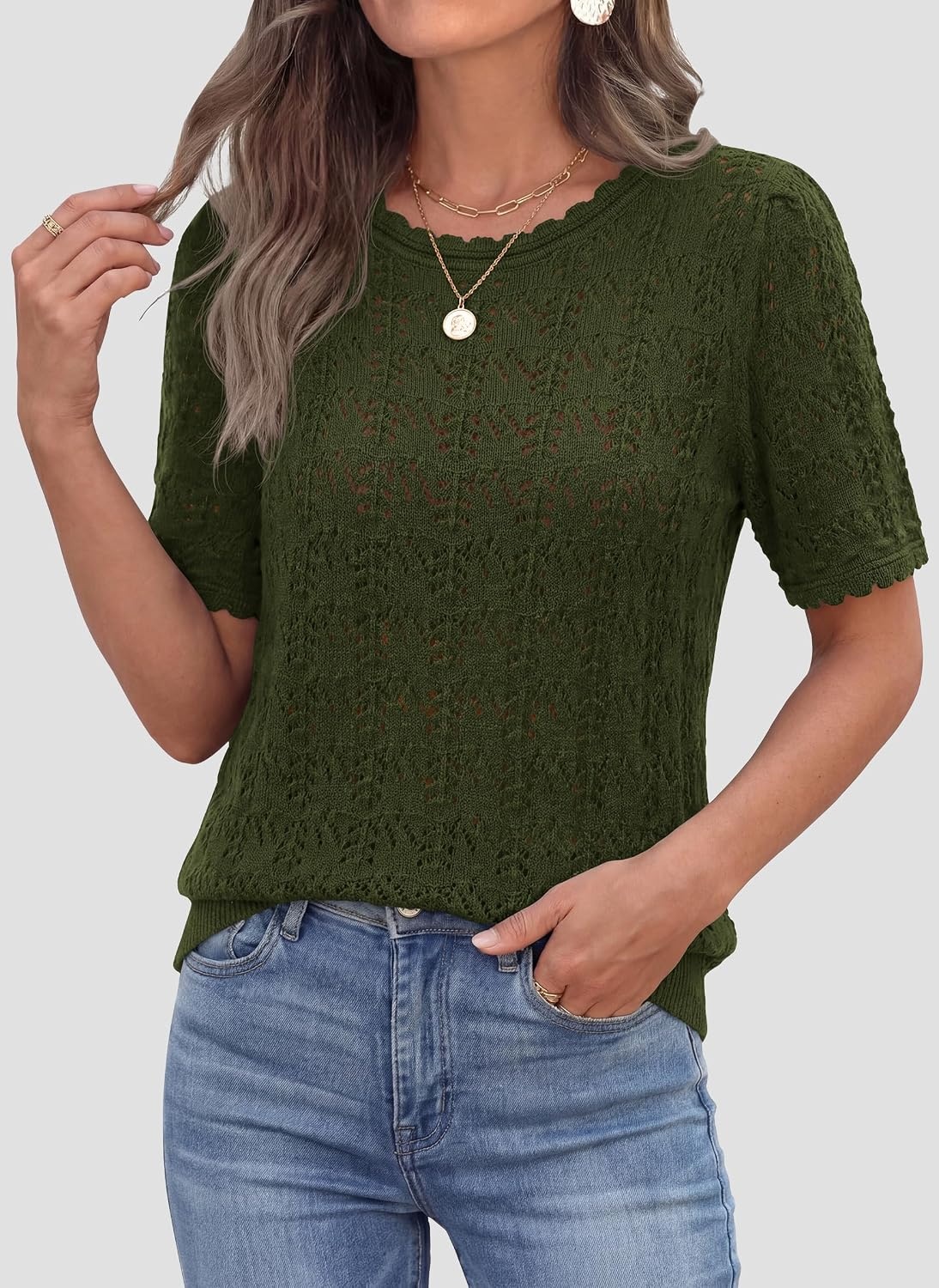 image:imagePRETTYGARDEN Womens Summer Short Sleeve Tops Lightweight Crochet Sweaters Crewneck Hollow Out Knit Cute Tops Loose Fit Business Casual Tops Beach Vacation Fall Outfits 2026Army Green