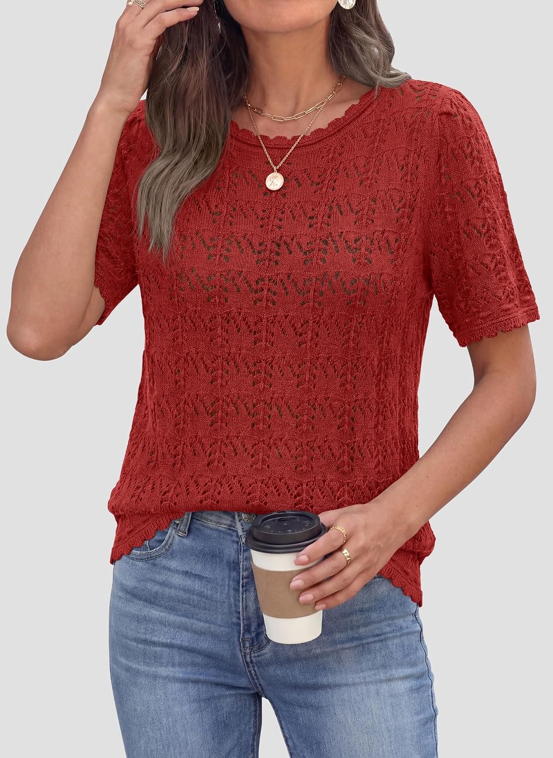 image:imagePRETTYGARDEN Womens Summer Short Sleeve Tops Lightweight Crochet Sweaters Crewneck Hollow Out Knit Cute Tops Loose Fit Business Casual Tops Beach Vacation Fall Outfits 2026Red