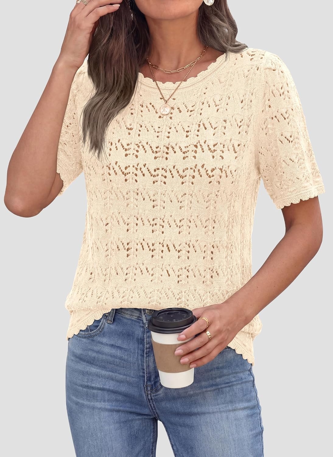 image:imagePRETTYGARDEN Womens Summer Short Sleeve Tops Lightweight Crochet Sweaters Crewneck Hollow Out Knit Cute Tops Loose Fit Business Casual Tops Beach Vacation Fall Outfits 2026Beige
