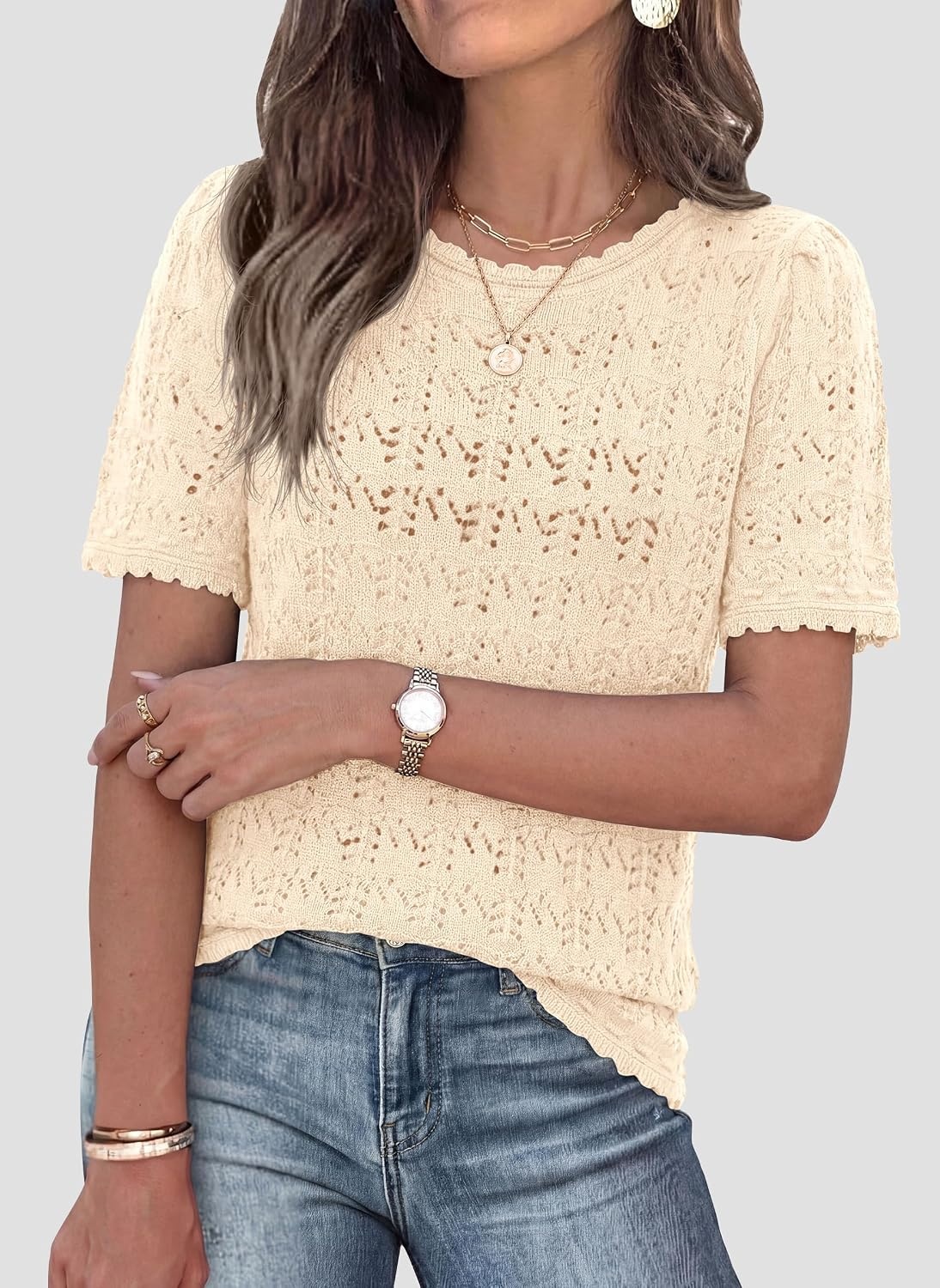 image:imagePRETTYGARDEN Womens Summer Short Sleeve Tops Lightweight Crochet Sweaters Crewneck Hollow Out Knit Cute Tops Loose Fit Business Casual Tops Beach Vacation Fall Outfits 2026Beige
