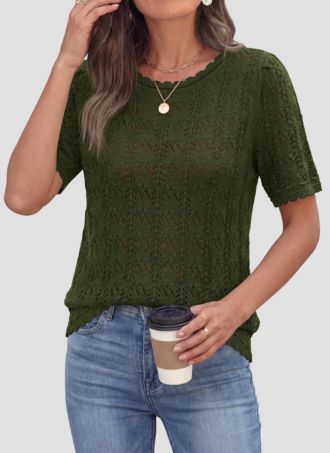 image:imagePRETTYGARDEN Womens Summer Short Sleeve Tops Lightweight Crochet Sweaters Crewneck Hollow Out Knit Cute Tops Loose Fit Business Casual Tops Beach Vacation Fall Outfits 2026Army Green