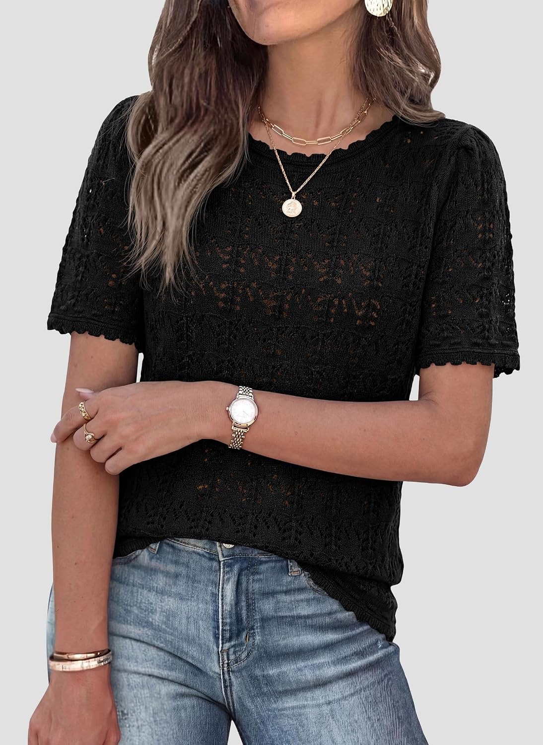 image:imagePRETTYGARDEN Womens Summer Short Sleeve Tops Lightweight Crochet Sweaters Crewneck Hollow Out Knit Cute Tops Loose Fit Business Casual Tops Beach Vacation Fall Outfits 2026Black