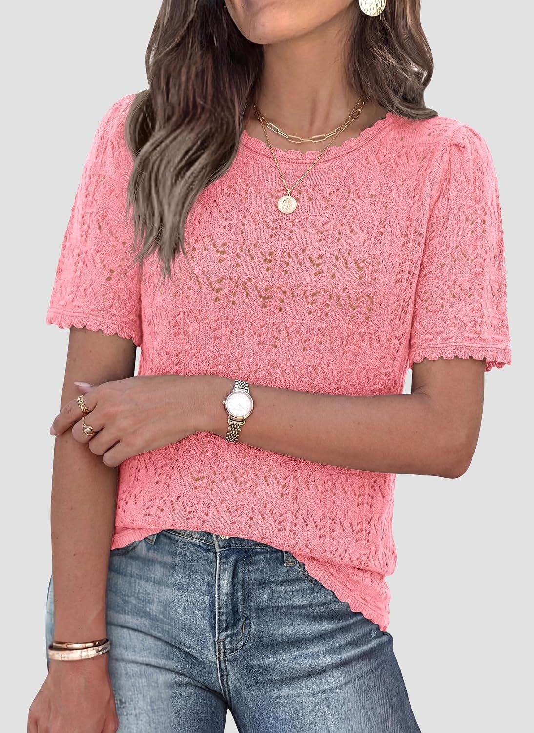 image:imagePRETTYGARDEN Womens Summer Short Sleeve Tops Lightweight Crochet Sweaters Crewneck Hollow Out Knit Cute Tops Loose Fit Business Casual Tops Beach Vacation Fall Outfits 2026Pink