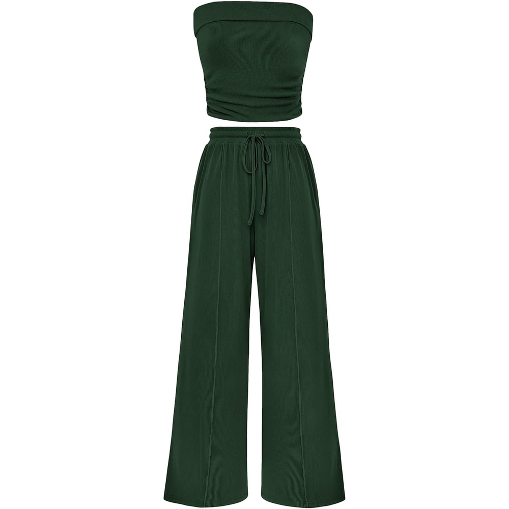 image:imagePRETTYGARDEN 2 Piece Sets for Women Spring Summer Outfits Ribbed Knit Crop Tube Top amp Wide Leg PantsComfy Matching Lounge SetTrendy Y2KResort WearAirport Travel Vacation OutfitsDark Green
