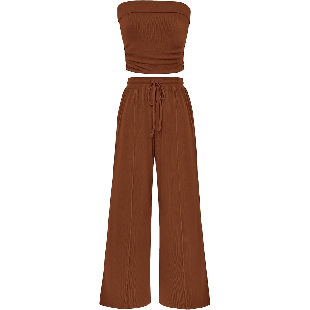 image:imagePRETTYGARDEN 2 Piece Sets for Women Spring Summer Outfits Ribbed Knit Crop Tube Top amp Wide Leg PantsComfy Matching Lounge SetTrendy Y2KResort WearAirport Travel Vacation OutfitsBrown