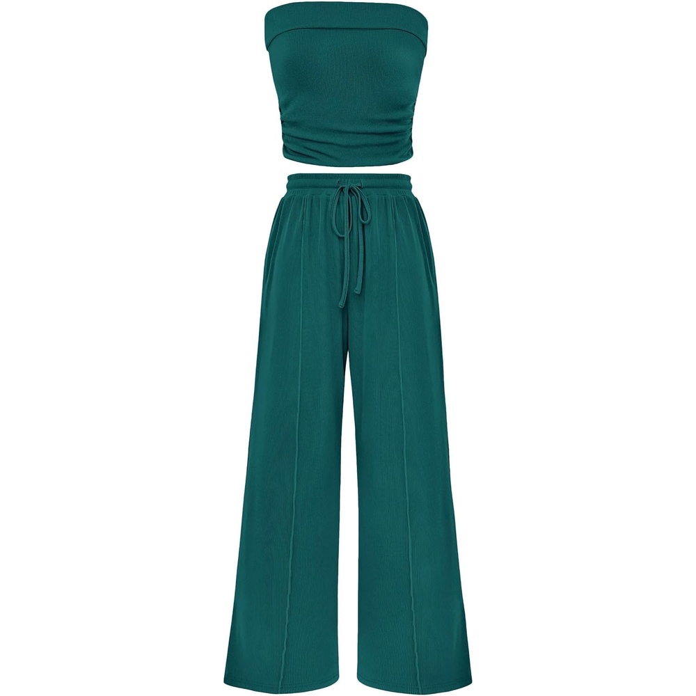 image:imagePRETTYGARDEN 2 Piece Sets for Women Spring Summer Outfits Ribbed Knit Crop Tube Top amp Wide Leg PantsComfy Matching Lounge SetTrendy Y2KResort WearAirport Travel Vacation OutfitsBlue Green