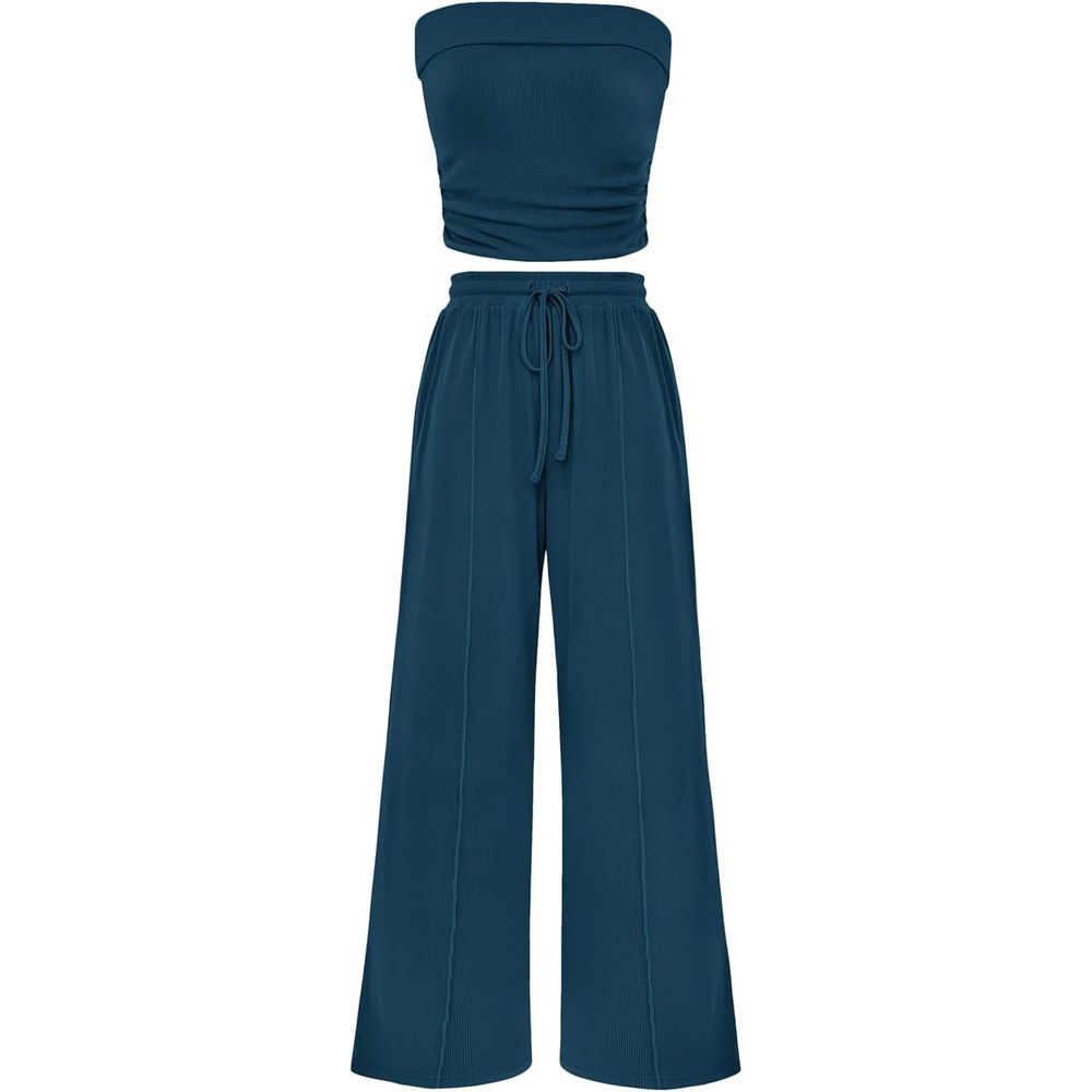 image:imagePRETTYGARDEN 2 Piece Sets for Women Spring Summer Outfits Ribbed Knit Crop Tube Top amp Wide Leg PantsComfy Matching Lounge SetTrendy Y2KResort WearAirport Travel Vacation OutfitsDark Blue