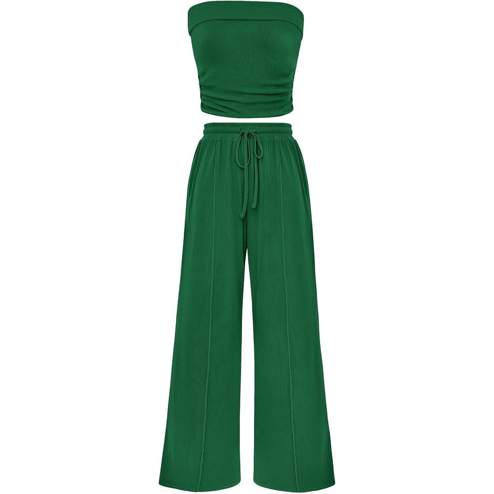 image:imagePRETTYGARDEN 2 Piece Sets for Women Spring Summer Outfits Ribbed Knit Crop Tube Top amp Wide Leg PantsComfy Matching Lounge SetTrendy Y2KResort WearAirport Travel Vacation OutfitsGreen
