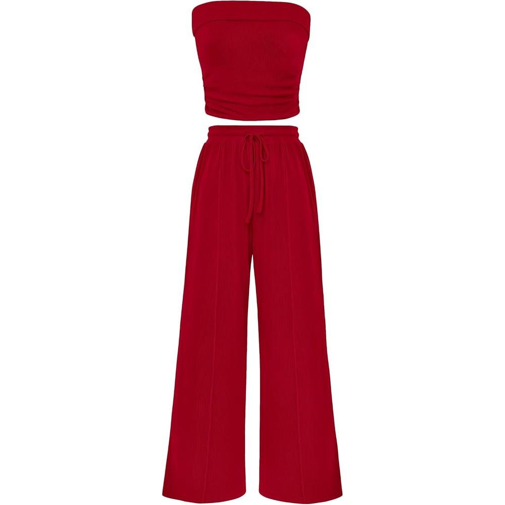 image:imagePRETTYGARDEN 2 Piece Sets for Women Spring Summer Outfits  Ribbed Knit Crop Tube Top amp Wide Leg PantsComfy Matching Lounge SetTrendy Y2KResort WearAirport Travel Vacation OutfitsRed