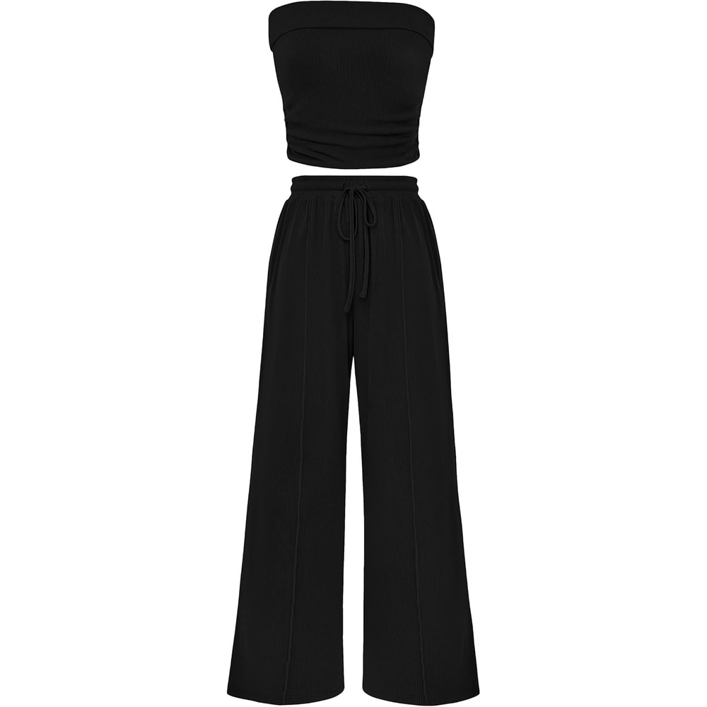 image:imagePRETTYGARDEN 2 Piece Sets for Women Spring Summer Outfits Ribbed Knit Crop Tube Top amp Wide Leg PantsComfy Matching Lounge SetTrendy Y2KResort WearAirport Travel Vacation OutfitsBlack