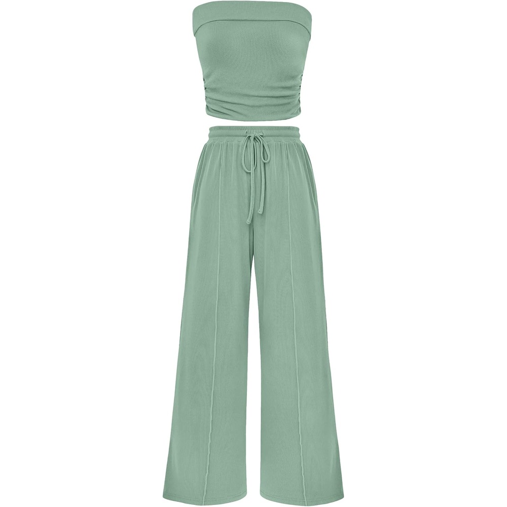 image:imagePRETTYGARDEN 2 Piece Sets for Women Spring Summer Outfits Ribbed Knit Crop Tube Top amp Wide Leg PantsComfy Matching Lounge SetTrendy Y2KResort WearAirport Travel Vacation OutfitsFruit Green