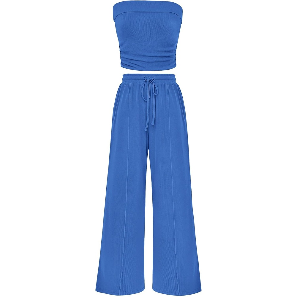 image:imagePRETTYGARDEN 2 Piece Sets for Women Spring Summer Outfits Ribbed Knit Crop Tube Top amp Wide Leg PantsComfy Matching Lounge SetTrendy Y2KResort WearAirport Travel Vacation OutfitsBlue