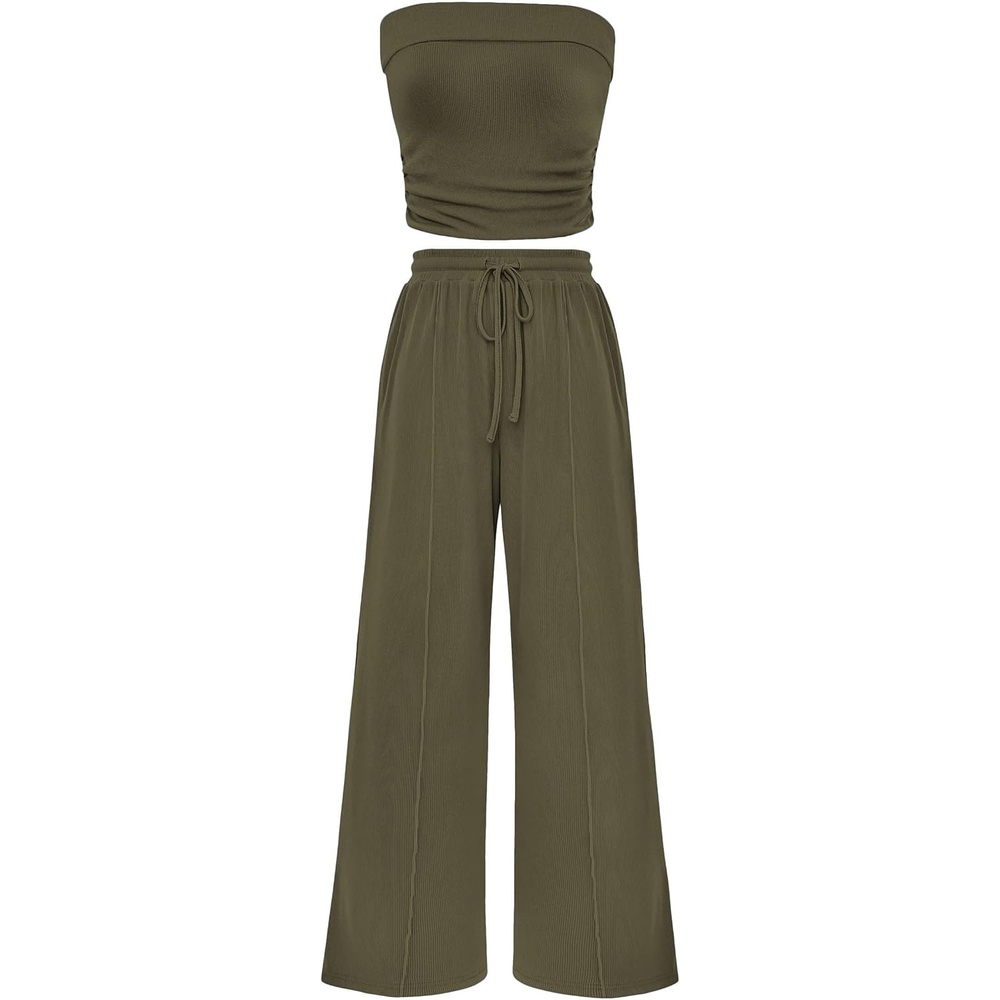 image:imagePRETTYGARDEN 2 Piece Sets for Women Spring Summer Outfits Ribbed Knit Crop Tube Top amp Wide Leg PantsComfy Matching Lounge SetTrendy Y2KResort WearAirport Travel Vacation OutfitsArmy Green