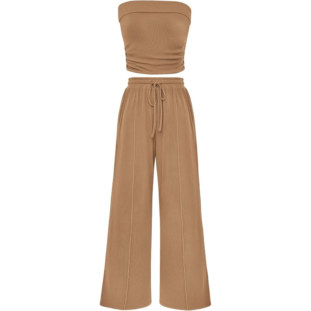 image:imagePRETTYGARDEN 2 Piece Sets for Women Spring Summer Outfits Ribbed Knit Crop Tube Top amp Wide Leg PantsComfy Matching Lounge SetTrendy Y2KResort WearAirport Travel Vacation OutfitsCamel