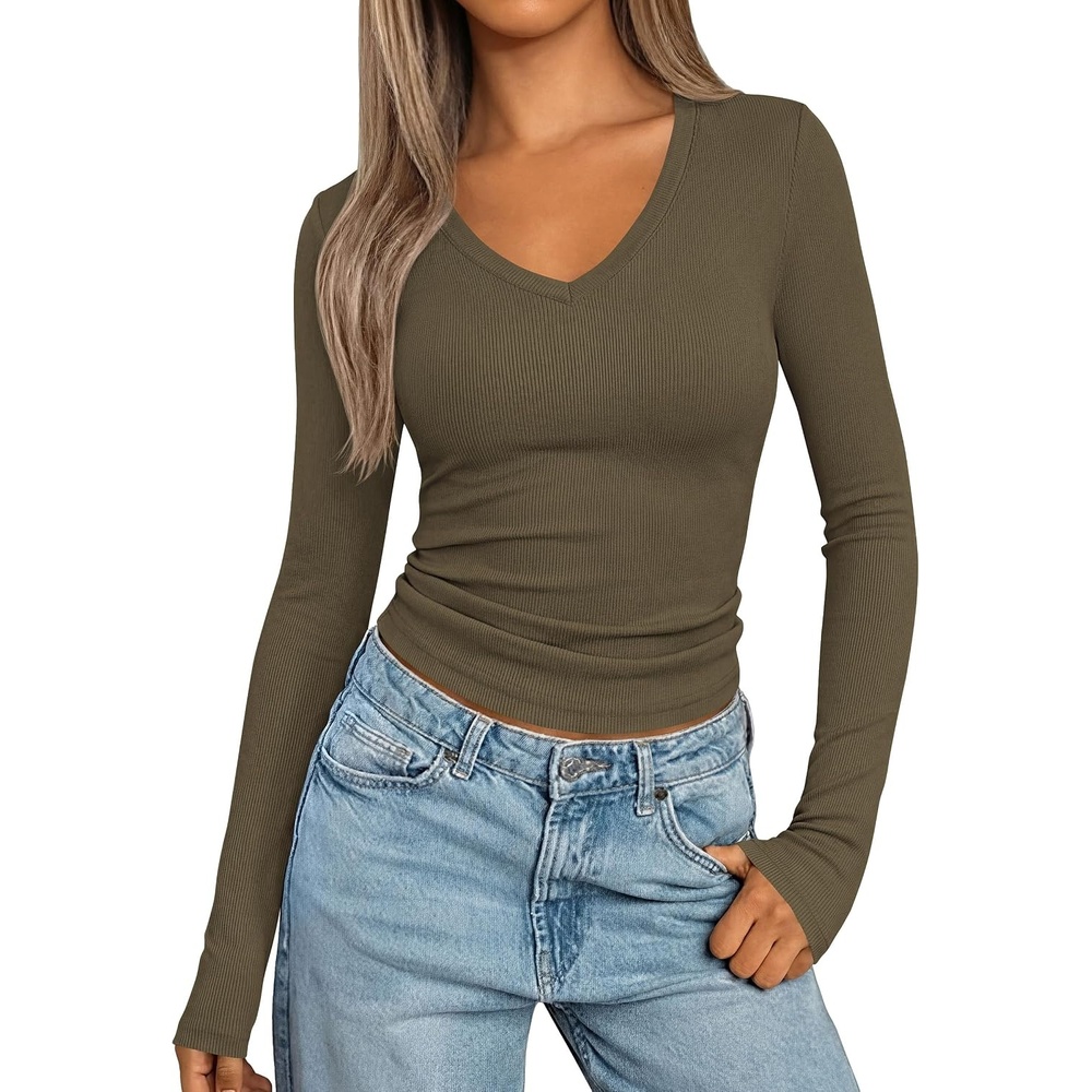 image:imagePRETTYGARDEN Womens Long Sleeve Ribbed V Neck Knit Shirts  Soft Stretch Slim Fitted Lightweight Basic Tees Y2K Going Out Tops 2026 Fall Fashion Everyday Wear Winter Layering ClothesArmy Green