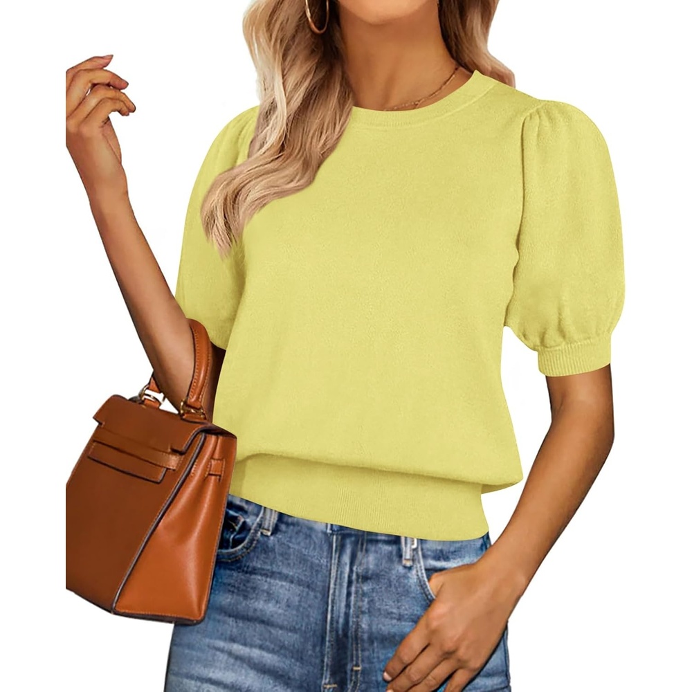 image:imagePRETTYGARDEN Womens Puff Short Sleeve Sweaters Summer 2026 Trendy Cute Knit Work Blouses Dressy Fall Business Casual Tops Boho Tops for Women Lightweight Elegant Professional ShirtsLight Yellow