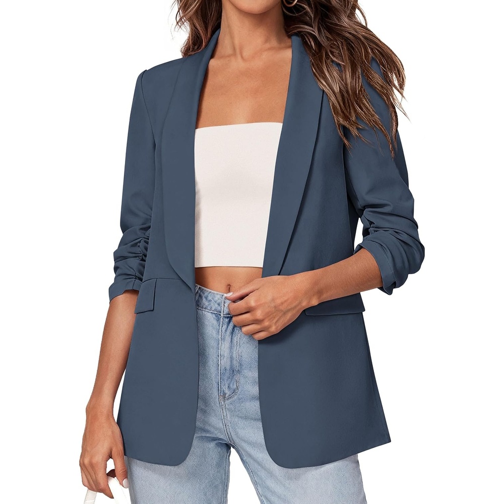 image:imagePRETTYGARDEN Womens Summer Blazers Business Casual Outfits Ruched 34 SleeveShawl LapelCollared Open FrontPadded ShoulderLightweight JacketsOffice Work SuitsSpring Fall ClothesDusty Blue