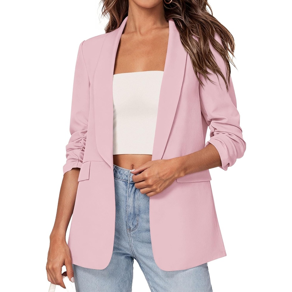 image:imagePRETTYGARDEN Womens Summer Blazers Business Casual Outfits Ruched 34 SleeveShawl LapelCollared Open FrontPadded ShoulderLightweight JacketsOffice Work SuitsSpring Fall ClothesPink