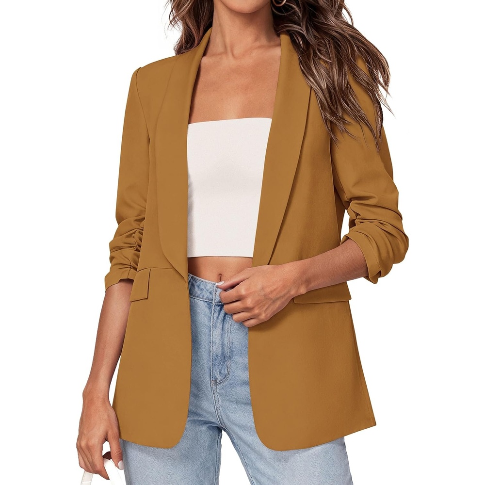 image:imagePRETTYGARDEN Womens Summer Blazers Business Casual Outfits Ruched 34 SleeveShawl LapelCollared Open FrontPadded ShoulderLightweight JacketsOffice Work SuitsSpring Fall ClothesBrown Yellow