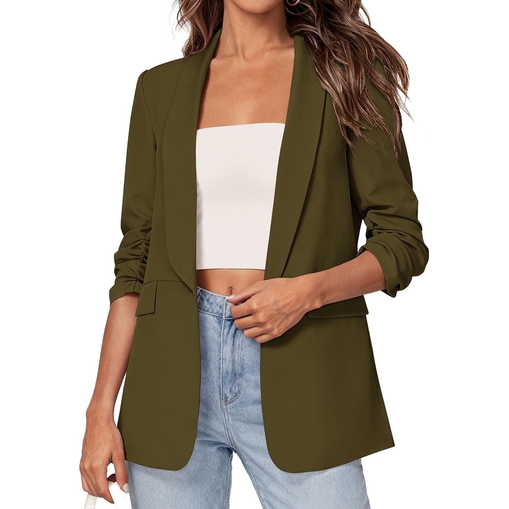 image:imagePRETTYGARDEN Womens Summer Blazers Business Casual Outfits Ruched 34 SleeveShawl LapelCollared Open FrontPadded ShoulderLightweight JacketsOffice Work SuitsSpring Fall ClothesArmy Green