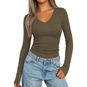 PRETTYGARDEN Womens Long Sleeve Ribbed V Neck Knit Shirts | Soft Stretch Slim Fitted Lightweight Basic Tees, Y2K Going Out Tops, 2026 Fall Fashion Everyday Wear, Winter Layering Clothes(Army Green)