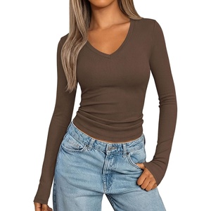 PRETTYGARDEN Womens Long Sleeve Ribbed V Neck Knit Shirts | Soft Stretch Slim Fitted Lightweight Basic Tees, Y2K Going Out Tops, 2026 Fall Fashion Everyday Wear, Winter Layering Clothes(Coffee)