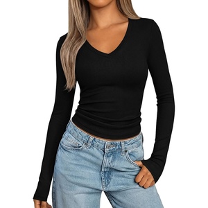 PRETTYGARDEN Womens Long Sleeve Ribbed V Neck Knit Shirts | Soft Stretch Slim Fitted Lightweight Basic Tees, Y2K Going Out Tops, 2026 Fall Fashion Everyday Wear, Winter Layering Clothes(Black)