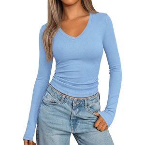 PRETTYGARDEN Womens Long Sleeve Ribbed V Neck Knit Shirts | Soft Stretch Slim Fitted Lightweight Basic Tees, Y2K Going Out Tops, 2026 Fall Fashion Everyday Wear, Winter Layering Clothes(Light Blue)