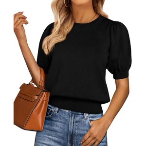 PRETTYGARDEN Womens Puff Short Sleeve Sweaters Summer 2026 | Trendy Cute Knit Work Blouses Dressy, Fall Business Casual Tops, Boho Tops for Women Lightweight, Elegant Professional Shirts(Black)