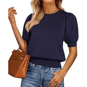 PRETTYGARDEN Womens Puff Short Sleeve Sweaters Summer 2026 | Trendy Cute Knit Work Blouses Dressy, Fall Business Casual Tops, Boho Tops for Women Lightweight, Elegant Professional Shirts(Dark Blue)