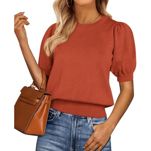 PRETTYGARDEN Womens Puff Short Sleeve Sweaters Summer 2026 | Trendy Cute Knit Work Blouses Dressy, Fall Business Casual Tops, Boho Tops for Women Lightweight, Elegant Professional Shirts(Brick Red)