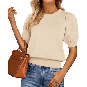 PRETTYGARDEN Womens Puff Short Sleeve Sweaters Summer 2026 | Trendy Cute Knit Work Blouses Dressy, Fall Business Casual Tops, Boho Tops for Women Lightweight, Elegant Professional Shirts(Apricot)