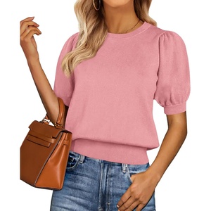 PRETTYGARDEN Womens Puff Short Sleeve Sweaters Summer 2026 | Trendy Cute Knit Work Blouses Dressy, Fall Business Casual Tops, Boho Tops for Women Lightweight, Elegant Professional Shirts(Pink)