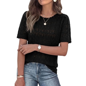 PRETTYGARDEN Women’s Summer Short Sleeve Tops Lightweight Crochet Sweaters | Crewneck, Hollow Out, Knit Cute Tops, Loose Fit, Business Casual Tops, Beach Vacation, Fall Outfits 2026(Black)