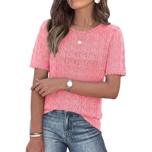 PRETTYGARDEN Women’s Summer Short Sleeve Tops Lightweight Crochet Sweaters | Crewneck, Hollow Out, Knit Cute Tops, Loose Fit, Business Casual Tops, Beach Vacation, Fall Outfits 2026(Pink)