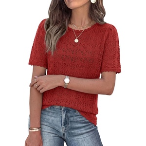 PRETTYGARDEN Women’s Summer Short Sleeve Tops Lightweight Crochet Sweaters | Crewneck, Hollow Out, Knit Cute Tops, Loose Fit, Business Casual Tops, Beach Vacation, Fall Outfits 2026(Red)