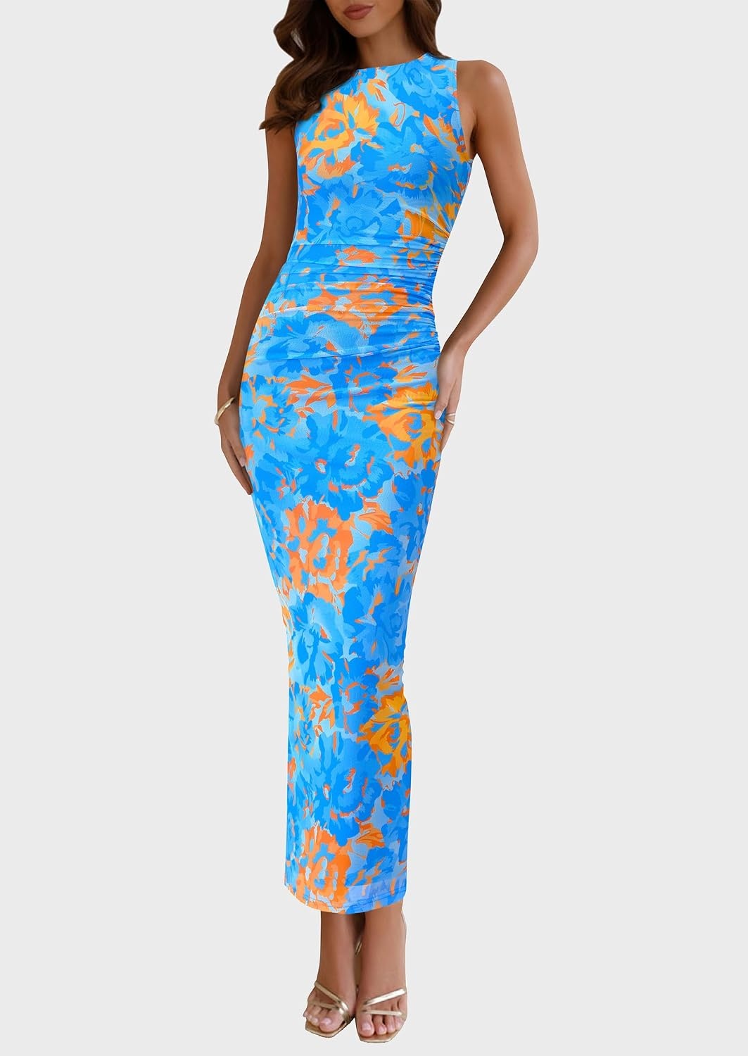 image:imagePRETTYGARDEN Womens Summer Formal Floral Maxi Dress Sleeveless Ruched Bodycon Mesh Long Dresses Elegant Spring Dress for Wedding Guest Bridal Shower Cocktail Party VacationFloral Blue