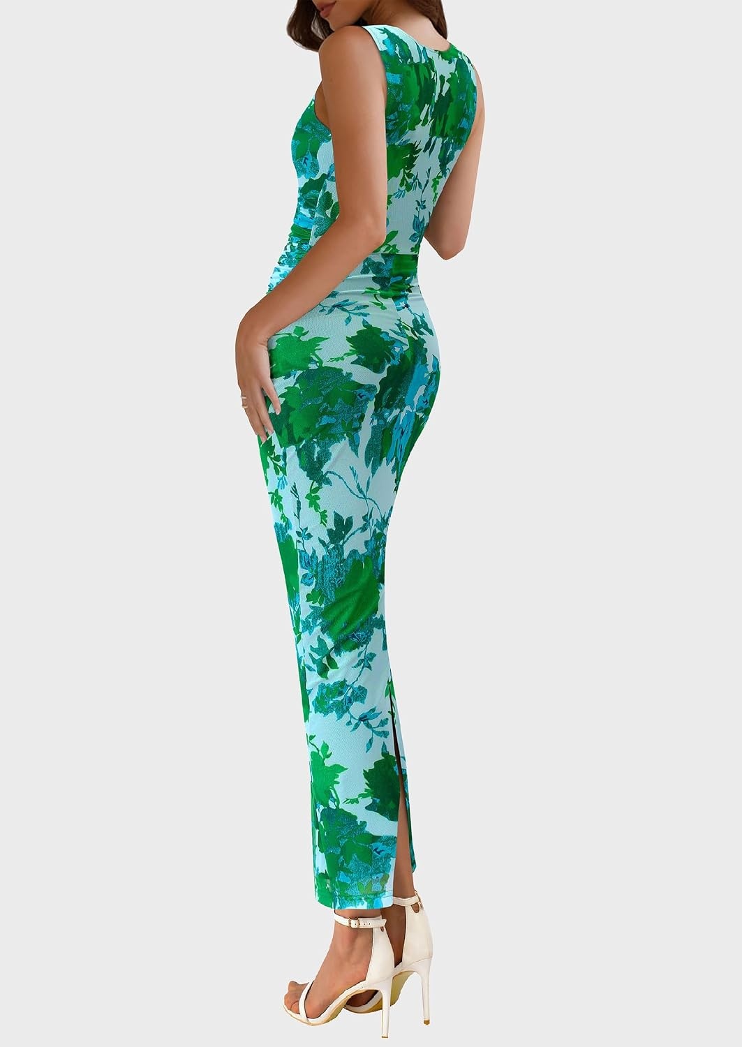 image:imagePRETTYGARDEN Womens Summer Formal Floral Maxi Dress Sleeveless Ruched Bodycon Mesh Long Dresses Elegant Spring Dress for Wedding Guest Bridal Shower Cocktail Party VacationGreen Floral