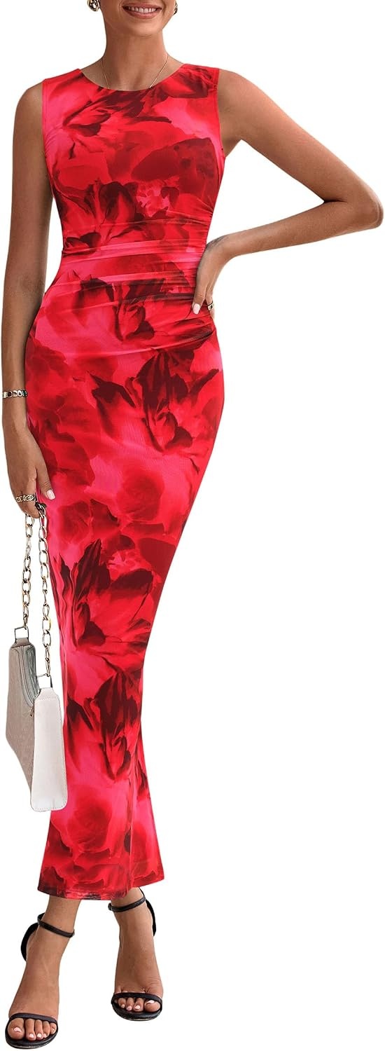 image:imagePRETTYGARDEN Womens Summer Formal Floral Maxi Dress Sleeveless Ruched Bodycon Mesh Long Dresses Elegant Spring Dress for Wedding Guest Bridal Shower Cocktail Party VacationRed Floral