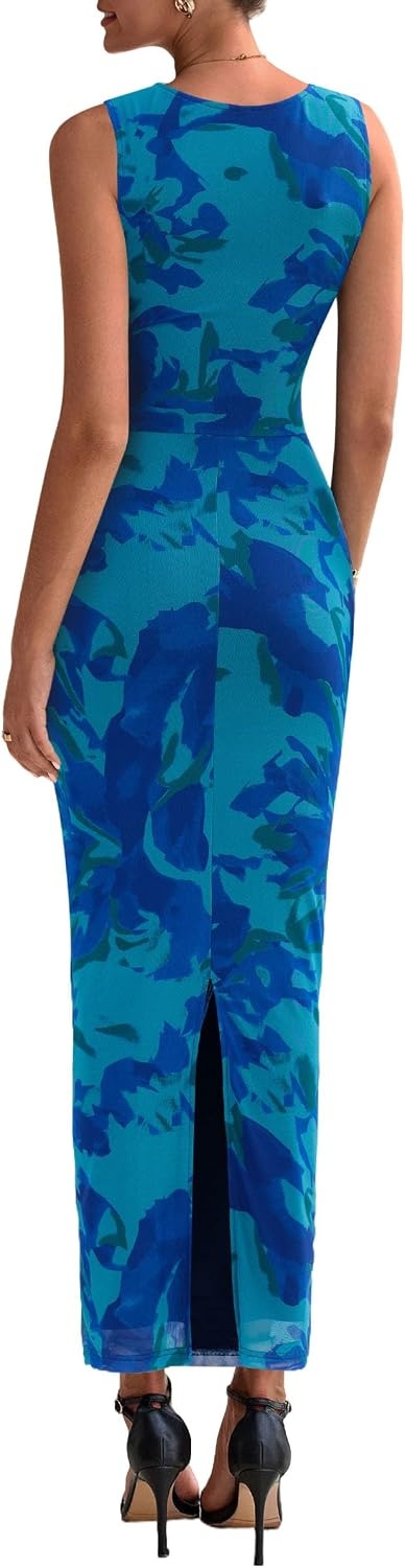 image:imagePRETTYGARDEN Womens Summer Formal Floral Maxi Dress Sleeveless Ruched Bodycon Mesh Long Dresses Elegant Spring Dress for Wedding Guest Bridal Shower Cocktail Party VacationGreen Blue Flower