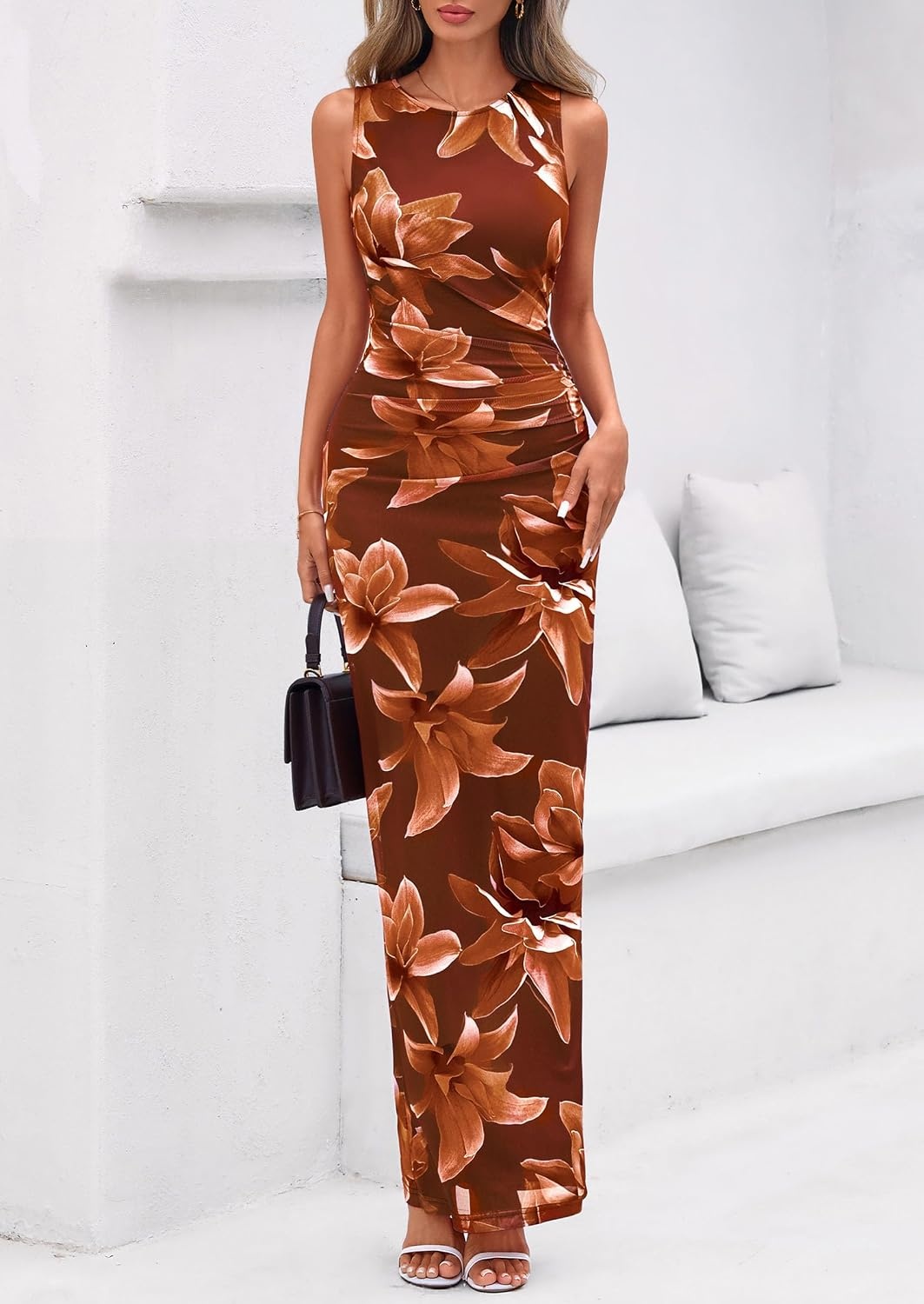 image:imagePRETTYGARDEN Womens Summer Formal Floral Maxi Dress Sleeveless Ruched Bodycon Mesh Long Dresses Elegant Spring Dress for Wedding Guest Bridal Shower Cocktail Party VacationFloral Red Brown